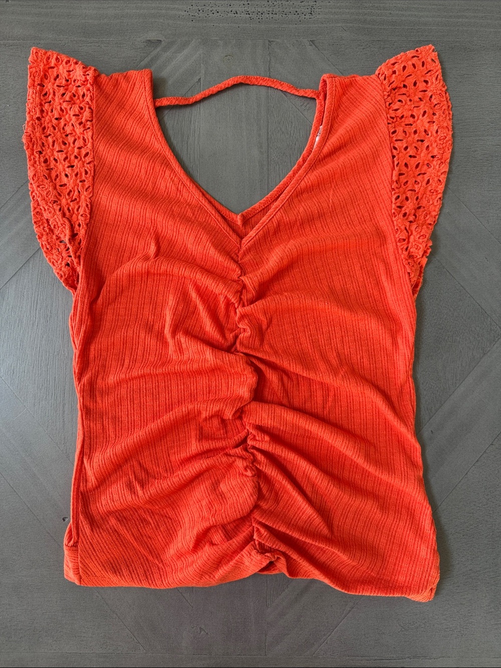 Ruched V-Neck Blouse with Lace Cap Sleeves - Orange